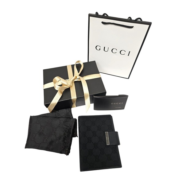 Gucci Handbags - Gucci Black GG Monogram Jacquard Canvas Agenda Full Set Box 74259 Italy EUC